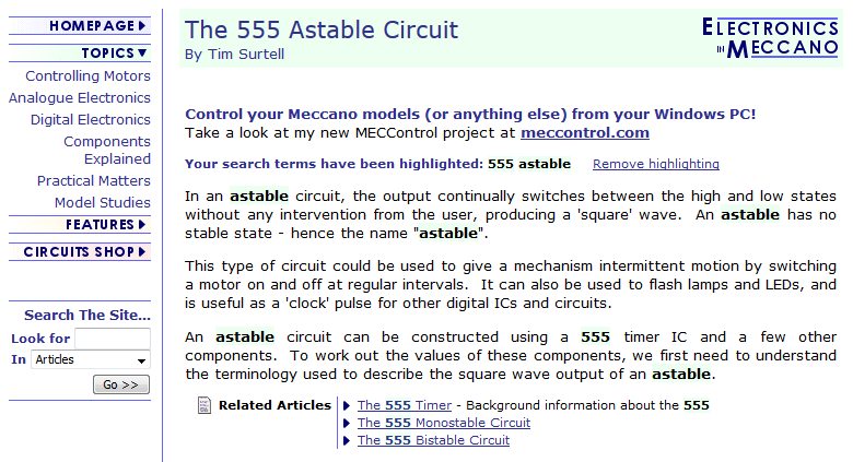 An Electronics in Meccano article with search terms highlighted