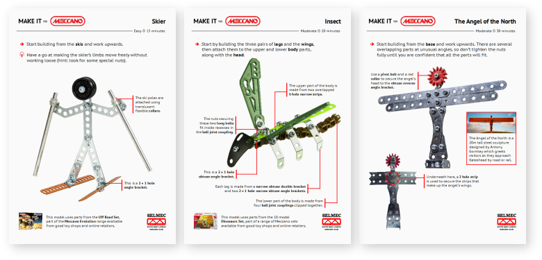 A few of the Make It With Meccano model instruction sheets