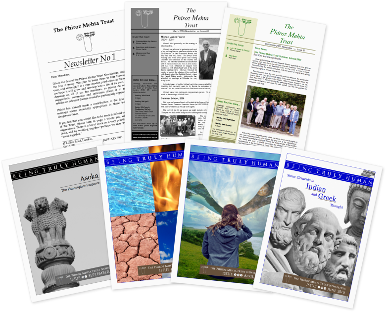 A collage of Phiroz Mehta Trust newsletters