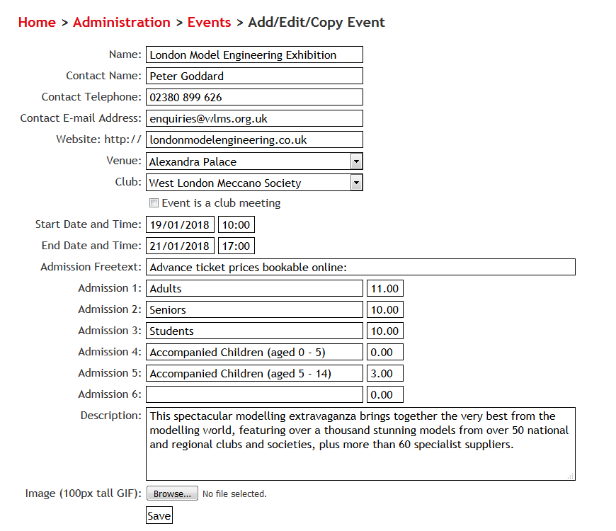 Editing an event in the administration system Editing an event in the administration system