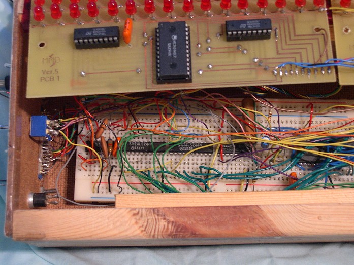 Version 6 built on breadboard (close-up) Version 6 built on breadboard (close-up)