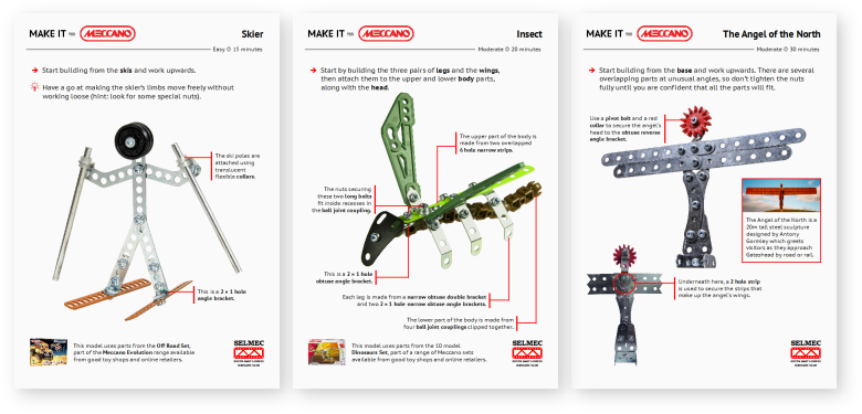 A few of the Make It With Meccano model instruction sheets A few of the Make It With Meccano model instruction sheets