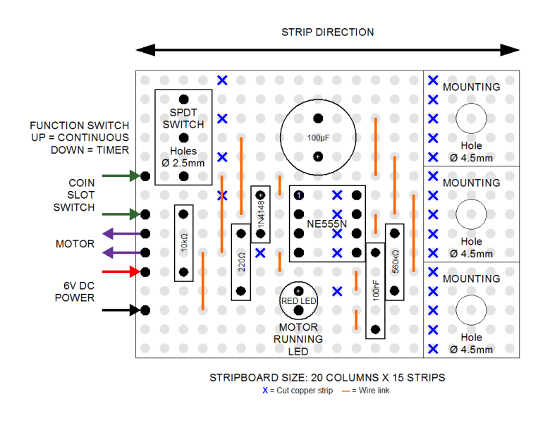 Stripboard layout diagram for the one minute timer circuit Stripboard layout diagram for the one minute timer circuit